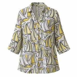 JM Collection Linen Button Down‎ Shirt Yellow Sailboat Print Nautical Cruise 14W